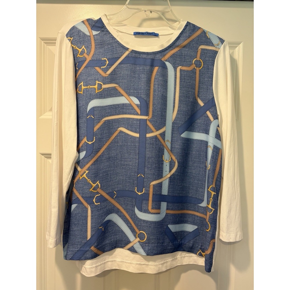 J McLaughlin Top Women's Large L Alessandra Printed Mixed Media Crew Neck Shirt